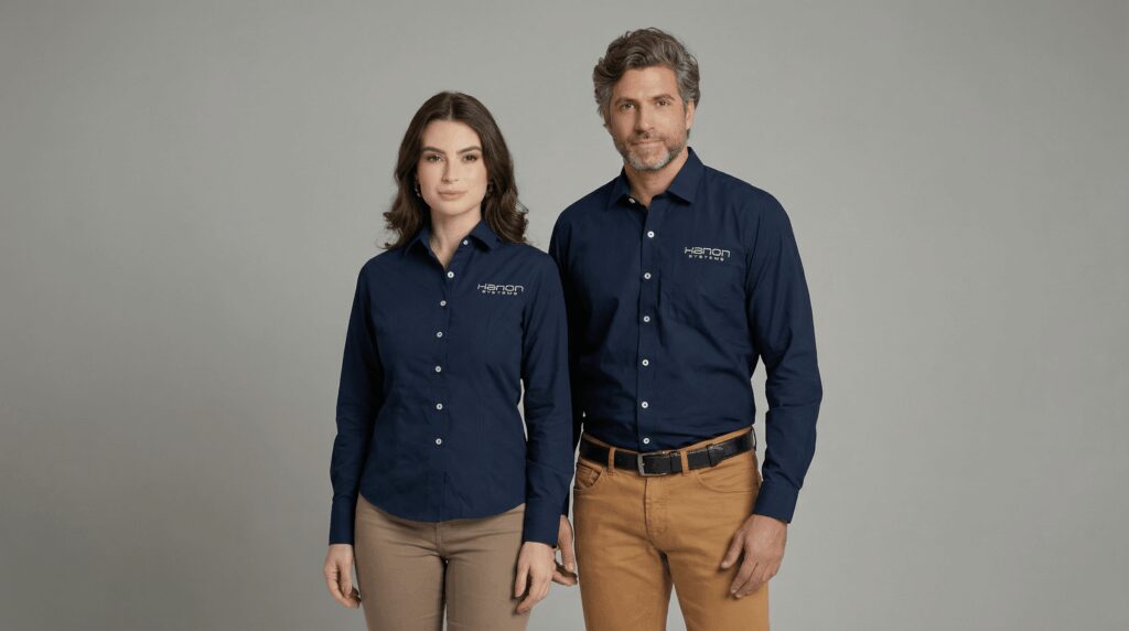 Casal de uniforme de camisa social azul-marinho.