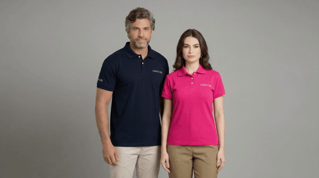 Dois profissionais vestindo polos corporativas personalizadas com bordado Glencore no lado esquerdo do peito. O modelo masculino usa polo azul marinho com gola tradicional, peitilho com botões e patch da bandeira do Brasil na manga. A modelo feminina veste polo rosa com gola estruturada e botões frontais, também com bordado Glencore no peito. Ambas as peças possuem mangas curtas, modelagem confortável e acabamento alinhado. O fundo é branco, destacando as cores das polos e a identidade visual corporativa.