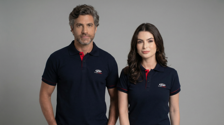 Dois profissionais, um homem e uma mulher, vestindo polos corporativas na cor azul marinho com detalhes em vermelho. As camisetas polo possuem gola com parte interna vermelha e fechamento com dois botões, além de acabamento em vivo vermelho nas mangas. No lado esquerdo do peito está bordado o logo da CAOA Chery em branco e vermelho. O casal está em um ambiente corporativo moderno, com fundo desfocado que remete a um showroom ou concessionária, transmitindo imagem de profissionalismo e padronização de uniforme empresarial.