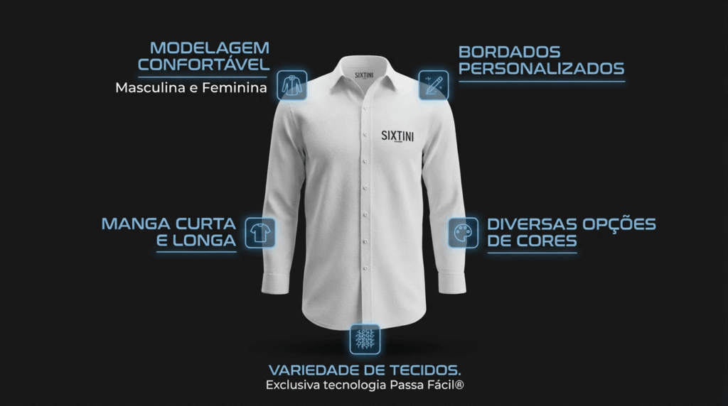 Imagem ilustrativa de camisa social corporativa branca da Sixtini, apresentada em fundo escuro. A camisa possui modelagem moderna, gola estruturada, fechamento frontal por botões e logo Sixtini bordado no lado esquerdo do peito. Ao redor da peça, há textos informativos destacando diferenciais como modelagem confortável masculina e feminina, bordados personalizados, manga curta e longa, diversas opções de cores e variedade de tecidos com exclusiva tecnologia Passa Fácil®. Elementos gráficos indicam pontos estratégicos da camisa, reforçando características técnicas e possibilidades de personalização.