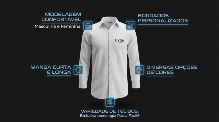 Imagem ilustrativa de camisa social corporativa branca da Sixtini, apresentada em fundo escuro. A camisa possui modelagem moderna, gola estruturada, fechamento frontal por botões e logo Sixtini bordado no lado esquerdo do peito. Ao redor da peça, há textos informativos destacando diferenciais como modelagem confortável masculina e feminina, bordados personalizados, manga curta e longa, diversas opções de cores e variedade de tecidos com exclusiva tecnologia Passa Fácil®. Elementos gráficos indicam pontos estratégicos da camisa, reforçando características técnicas e possibilidades de personalização.