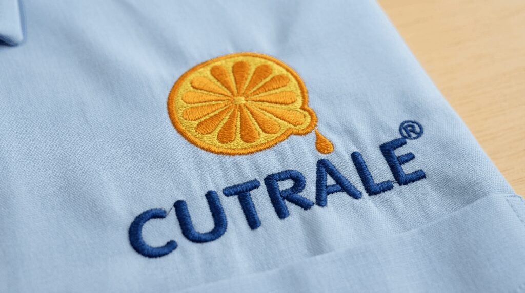 Close detalhado de camisa social corporativa azul clara com bolso frontal, destacando bordado da marca Cutrale aplicado acima do bolso. O bordado apresenta símbolo de laranja estilizada em tom laranja com contorno mais escuro e gota na parte inferior, acompanhado do nome “CUTRALE” em azul marinho com símbolo de marca registrada. A peça possui gola estruturada, botões claros e tecido de aspecto liso. A camisa está apoiada sobre superfície de madeira clara.