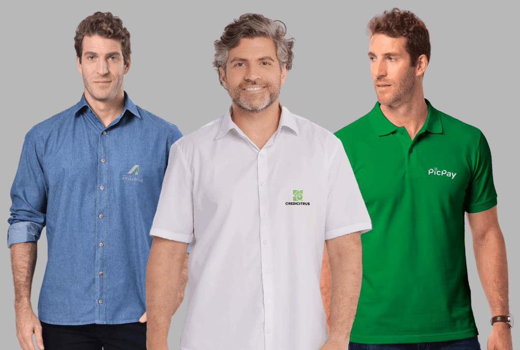 Camisas corporativas masculinas personalizadas, sendo um modelo jeans do Banco da Amazônia, um modelo branco da Credicitrus e uma polo verde da PicPay, todas com logotipo aplicado no peito.