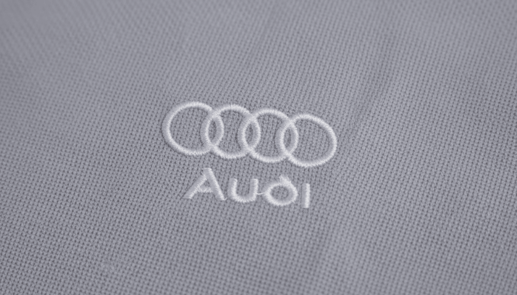 Imagem em close do bordado Audi aplicado em tecido cinza, com os quatro anéis interligados em branco acima da palavra “Audi”, também bordada em branco, evidenciando acabamento preciso e textura do tecido.