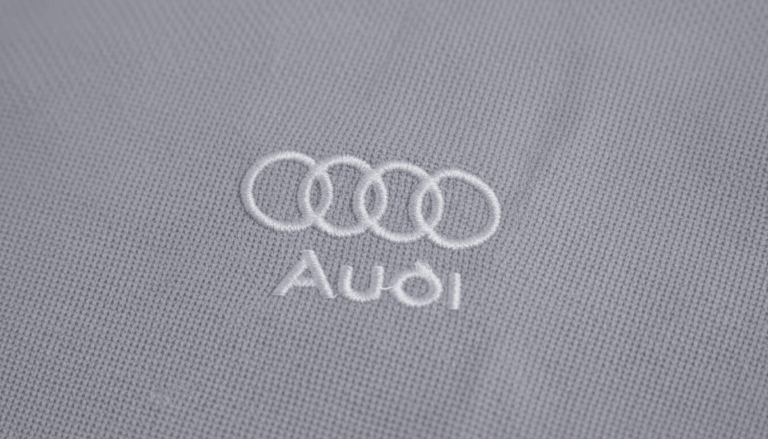 Imagem em close do bordado Audi aplicado em tecido cinza, com os quatro anéis interligados em branco acima da palavra “Audi”, também bordada em branco, evidenciando acabamento preciso e textura do tecido.