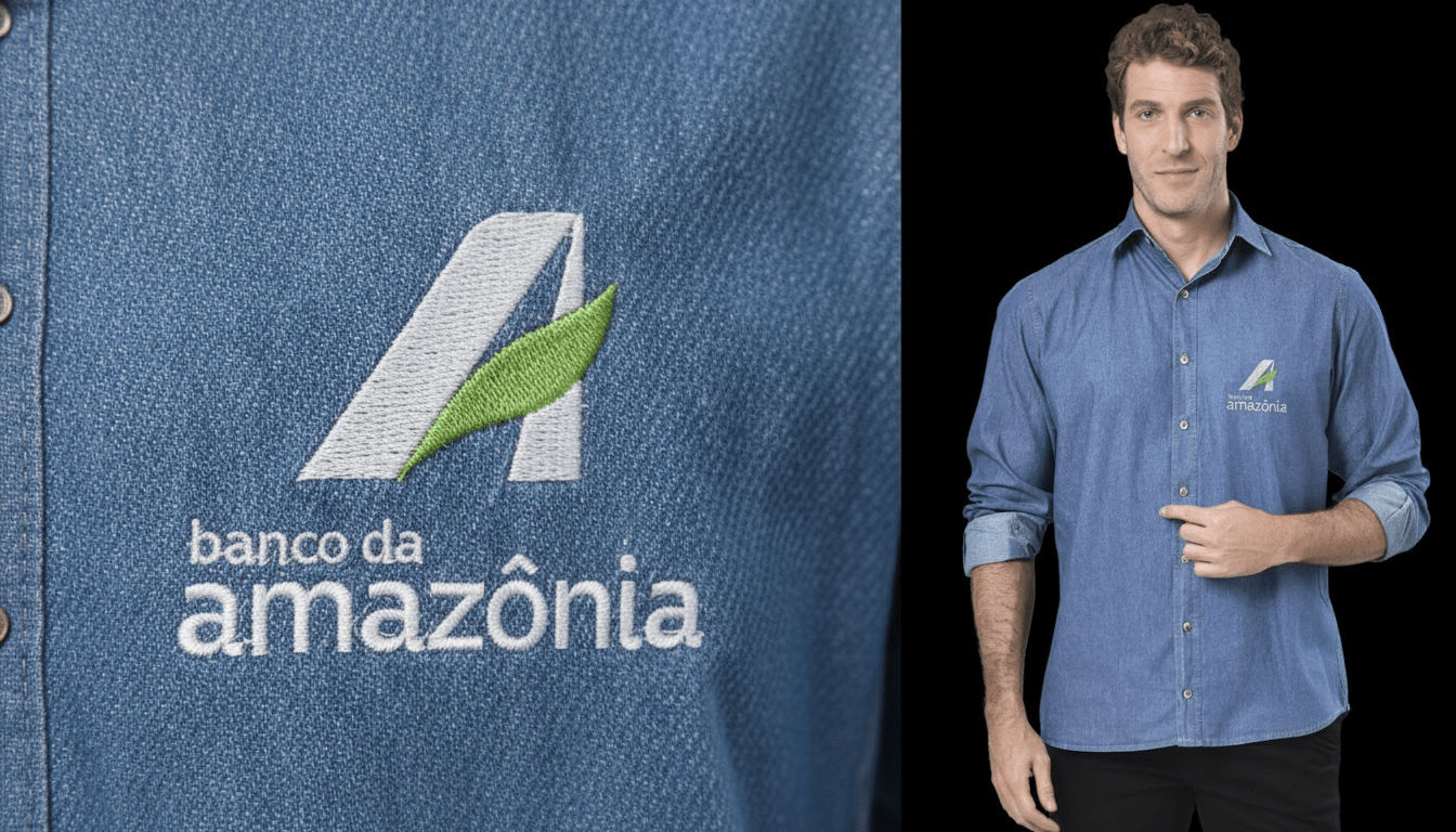 Imagem em close do bordado Banco da Amazônia aplicado em camisa social masculina azul, com símbolo estilizado da letra “A” em branco e detalhe de folha verde, acompanhado do texto “banco da amazônia” em branco. Ao lado, modelo masculino veste a camisa personalizada e aponta para o logotipo no lado esquerdo do peito.