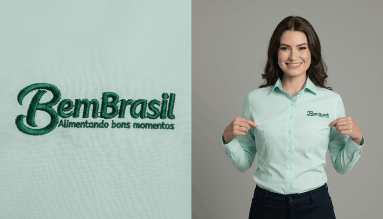 Imagem em close do bordado BemBrasil aplicado em camisa social feminina verde-clara, com a frase “Alimentando bons momentos” em destaque abaixo do logotipo. Ao lado, modelo veste a camisa personalizada e aponta para o bordado no lado esquerdo do peito, sorrindo.