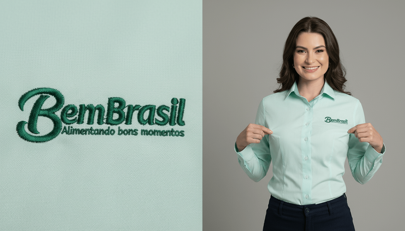 Imagem em close do bordado BemBrasil aplicado em camisa social feminina verde-clara, com a frase “Alimentando bons momentos” em destaque abaixo do logotipo. Ao lado, modelo veste a camisa personalizada e aponta para o bordado no lado esquerdo do peito, sorrindo.