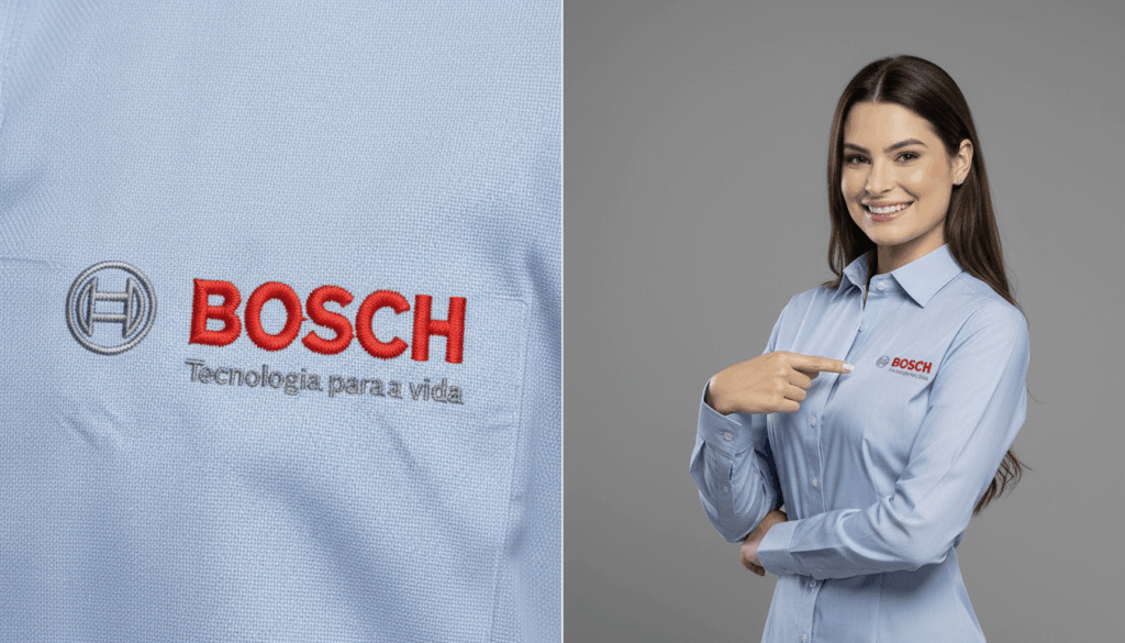 Imagem em close do bordado BOSCH aplicado em camisa social feminina azul-clara, com logotipo em vermelho e símbolo circular em cinza, acompanhado da frase “Tecnologia para a vida”. Ao lado, modelo veste a camisa personalizada e aponta para o logotipo no lado esquerdo do peito.