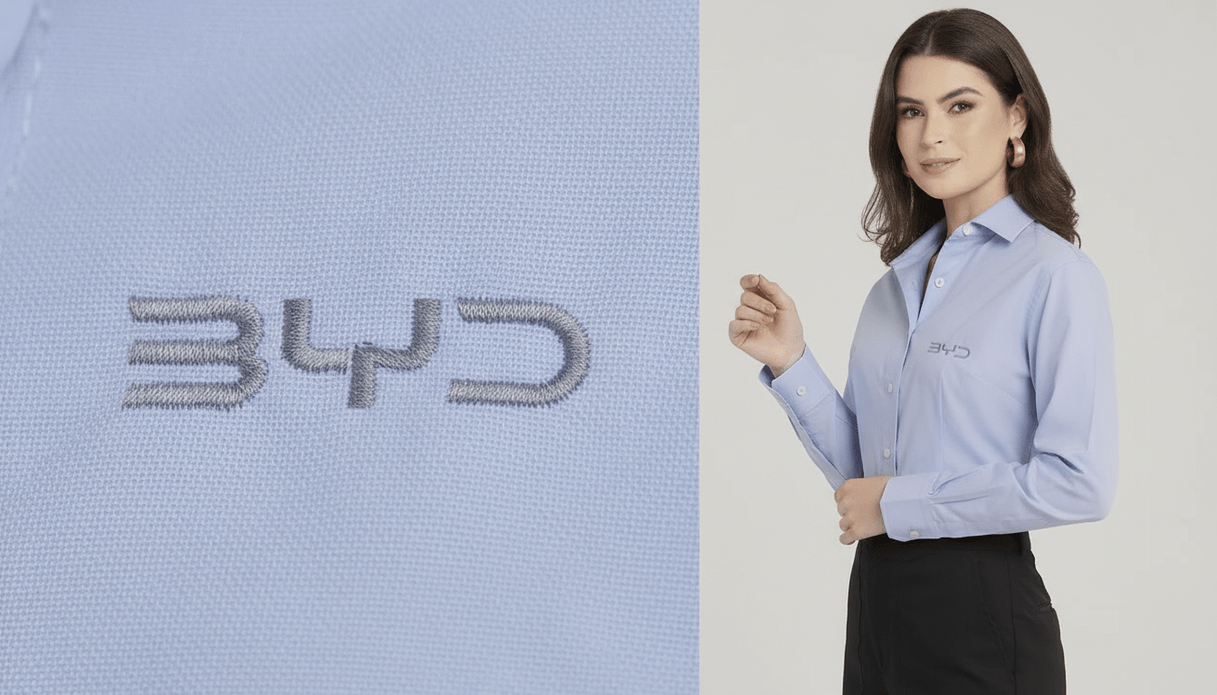 Imagem em close do bordado BYD aplicado em camisa social feminina azul-clara. Ao lado, modelo veste a camisa personalizada com o logotipo BYD bordado em cinza no lado esquerdo do peito, combinada com saia preta, em pose elegante e corporativa.