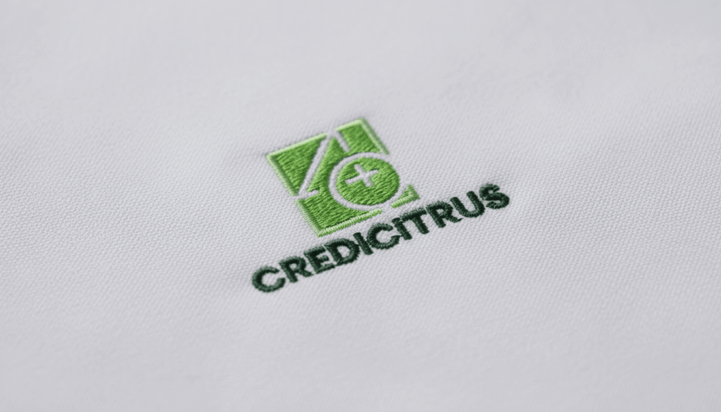 Close-up do bordado Credicitrus aplicado em camisa branca. O logotipo apresenta símbolo geométrico em tons de verde-claro com detalhe circular e sinal de adição, acompanhado da palavra “CREDICITRUS” em verde-escuro, bordado com alta precisão sobre tecido de textura fina.