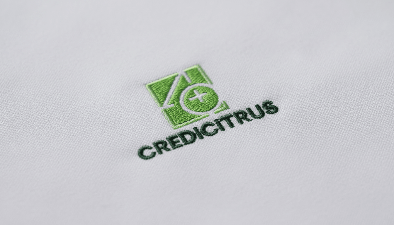 Close-up do bordado Credicitrus aplicado em camisa branca. O logotipo apresenta símbolo geométrico em tons de verde-claro com detalhe circular e sinal de adição, acompanhado da palavra “CREDICITRUS” em verde-escuro, bordado com alta precisão sobre tecido de textura fina.