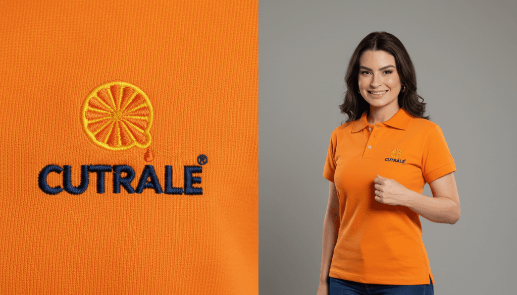 Imagem composta por dois enquadramentos de uniforme polo feminino Cutrale. À esquerda, close-up do bordado aplicado em malha laranja, com símbolo de laranja em amarelo e laranja acima da palavra “CUTRALE” em azul-marinho. À direita, modelo feminina vestindo camisa polo laranja com gola e botões frontais, exibindo o logotipo Cutrale bordado no lado esquerdo do peito. Fundo neutro destaca a cor vibrante da peça e a identidade visual da marca.