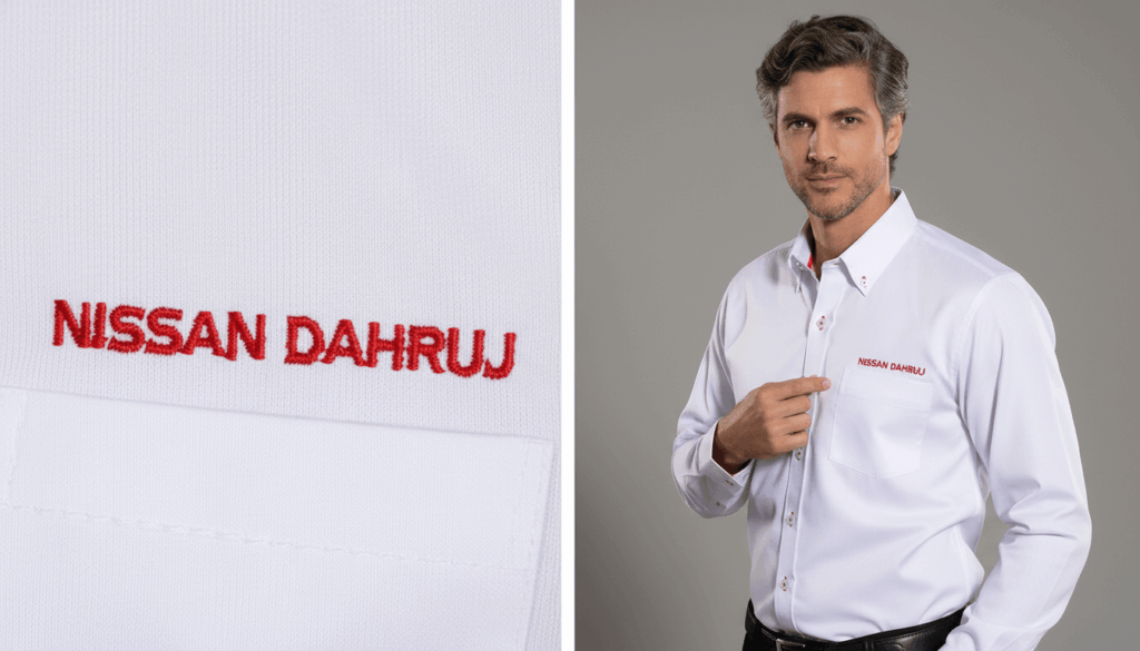 Imagem composta por dois enquadramentos de camisa social masculina personalizada Nissan Dahruj. À esquerda, close-up do bordado “NISSAN DAHRUJ” em vermelho aplicado sobre tecido branco com textura discreta. À direita, modelo masculino vestindo camisa social branca de manga longa, com bolso frontal e fechamento por botões, exibindo o logotipo Nissan Dahruj bordado no lado esquerdo do peito. Fundo neutro destaca a peça e o acabamento do uniforme.