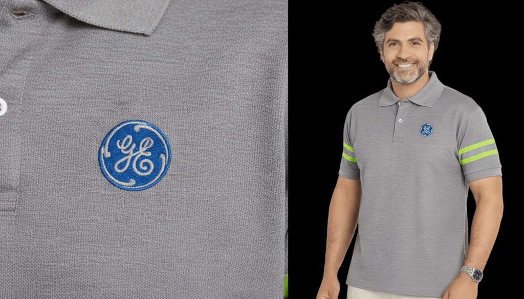 Imagem composta por dois enquadramentos de polo corporativa GE personalizada. À esquerda, close-up do bordado circular com o monograma “GE” em branco sobre fundo azul, aplicado em tecido cinza com textura piquet. À direita, modelo masculino vestindo polo cinza de manga curta, com gola estruturada e botões frontais, exibindo o logotipo GE bordado no lado esquerdo do peito. A peça possui detalhes em faixas refletivas verde-limão nas mangas, reforçando o visual técnico e industrial. Fundo escuro destaca a camisa.