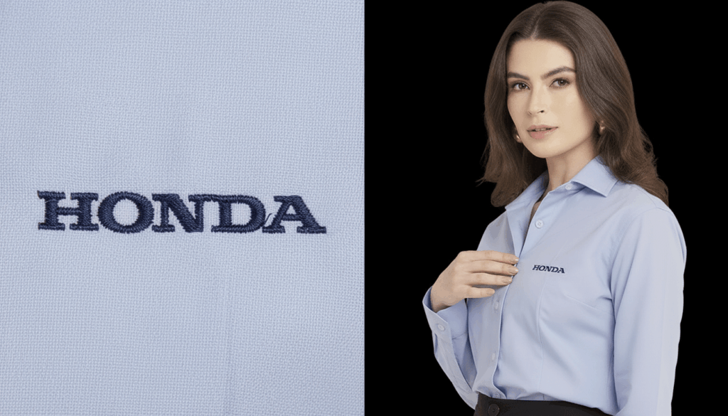 Imagem composta por dois enquadramentos da camisa social feminina Honda personalizada. À esquerda, close-up do bordado azul-marinho com a inscrição “HONDA” aplicado sobre tecido azul claro, destacando a textura do tecido e a definição do bordado. À direita, modelo feminina vestindo camisa social azul claro de manga longa, com colarinho estruturado e bolso frontal no lado esquerdo do peito, exibindo o logotipo Honda bordado acima do bolso. Fundo escuro valoriza a peça e o contraste do bordado.