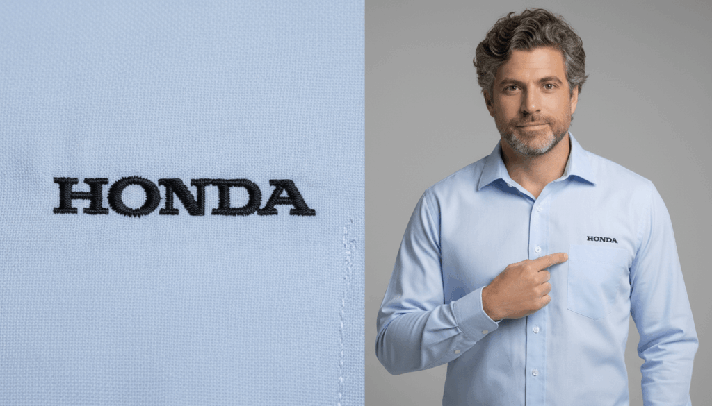 Imagem composta por dois enquadramentos da camisa social corporativa Honda personalizada. À esquerda, close-up do bordado preto com a inscrição “HONDA” aplicado sobre tecido azul claro, evidenciando a textura do tecido e a precisão do bordado. À direita, modelo masculino vestindo camisa social azul claro de manga longa, com colarinho estruturado, bolso frontal no lado esquerdo do peito e fechamento por botões, apontando para o logotipo Honda bordado acima do bolso. Fundo neutro destaca a peça.
