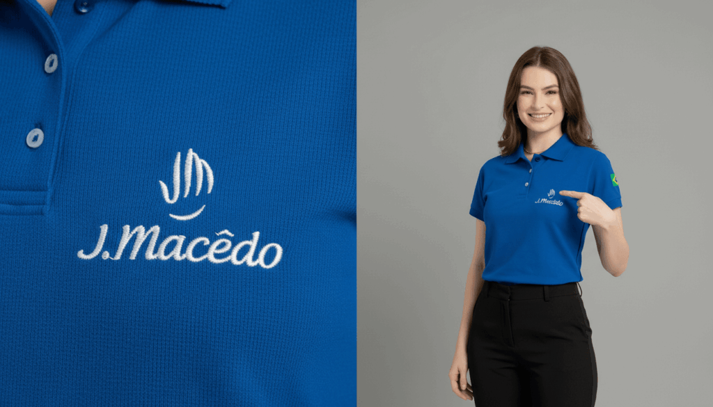 Imagem composta por dois enquadramentos da camisa polo azul personalizada J. Macêdo. À esquerda, close-up do bordado branco com o logotipo “J. Macêdo” em tipografia cursiva, acompanhado de símbolo gráfico acima do nome, aplicado sobre tecido azul em malha piquet. À direita, modelo feminina vestindo camisa polo azul com gola estruturada e botões frontais, apontando para o logotipo bordado no lado esquerdo do peito. Na manga direita há aplicação de bandeira do Brasil. O tecido apresenta textura visível e acabamento profissional.