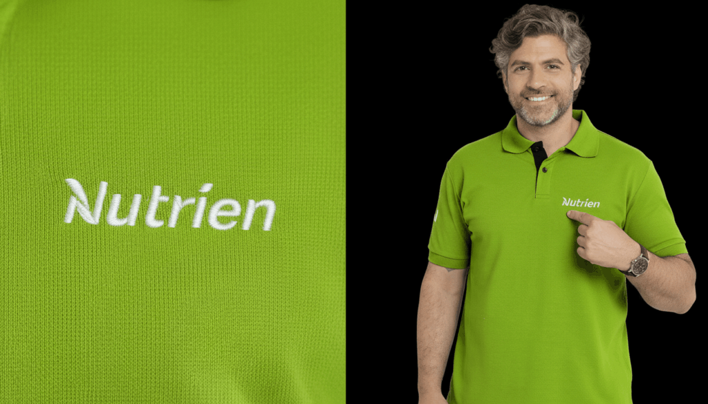 Imagem composta por dois enquadramentos da camisa polo verde personalizada Nutrien. À esquerda, close-up do bordado branco com a palavra “Nutrien” aplicada sobre tecido verde em malha piquet, evidenciando a textura e o relevo da linha. À direita, modelo masculino vestindo camisa polo verde com gola estruturada e carcela com botões, apontando para o logotipo “Nutrien” bordado no lado esquerdo do peito. O fundo escuro destaca a cor vibrante da peça.