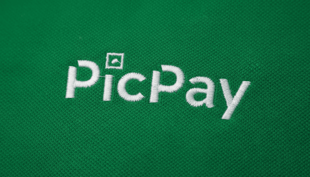Close-up do bordado branco com a palavra “PicPay” aplicada sobre tecido verde em malha piquet de camisa polo corporativa. O logo apresenta tipografia característica com o ícone quadrado inclinado acima da letra “i”, bordado com alta densidade de pontos. A textura do tecido é nítida, evidenciando acabamento profissional e relevo do bordado sobre a superfície da peça.