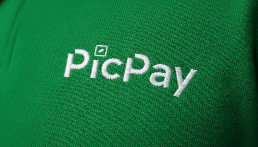 Close-up do bordado branco com a palavra “PicPay” aplicada sobre tecido verde em malha piquet de camisa polo corporativa. O logo apresenta tipografia característica com o ícone quadrado inclinado acima da letra “i”. A textura do tecido é visível, evidenciando a qualidade do bordado e o relevo da linha sobre a superfície da peça.