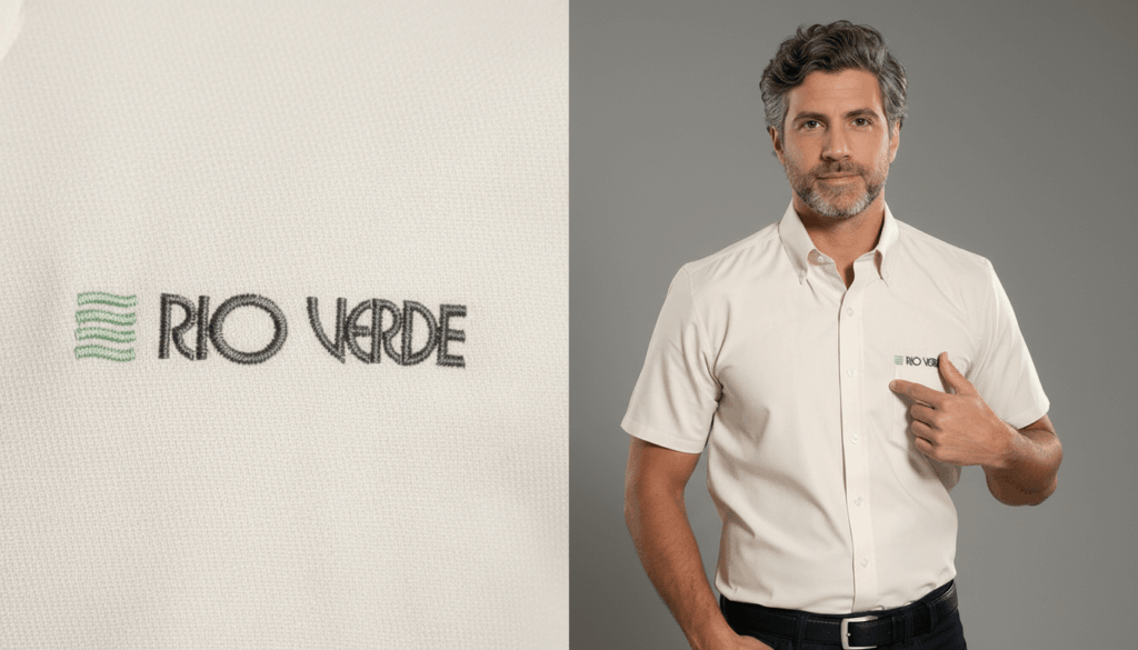 Imagem composta por dois enquadramentos da camisa social corporativa personalizada Rio Verde. À esquerda, close-up do bordado “RIO VERDE” em preto com símbolo gráfico em verde formado por linhas onduladas, aplicado sobre tecido bege claro de textura visível. À direita, modelo masculino vestindo camisa social bege de manga curta, com colarinho estruturado e fechamento por botões, apontando para o bordado Rio Verde no lado esquerdo do peito. A peça apresenta modelagem profissional e acabamento refinado.