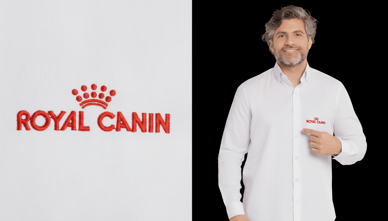 Imagem composta por dois enquadramentos da camisa social corporativa branca personalizada Royal Canin. À esquerda, close-up do bordado “ROYAL CANIN” em vermelho com o símbolo de coroa acima do nome, aplicado sobre tecido branco de textura fina. À direita, modelo masculino vestindo camisa social branca de manga longa, com colarinho estruturado e fechamento por botões, apontando para o bordado Royal Canin em vermelho no lado esquerdo do peito. A peça apresenta modelagem profissional e acabamento refinado.