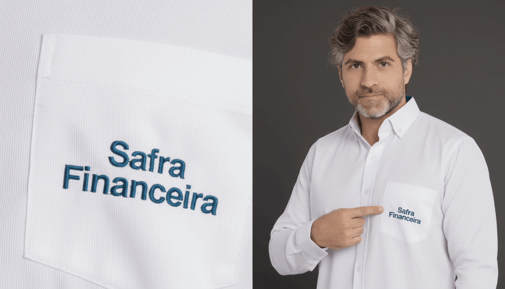 Imagem composta por dois enquadramentos da camisa social corporativa branca personalizada Safra Financeira. À esquerda, close-up do bolso frontal com bordado “Safra Financeira” em azul, aplicado sobre o tecido branco de textura fina com trama visível. À direita, modelo masculino vestindo camisa social branca de manga longa com bolso no peito esquerdo, apontando para o bordado Safra Financeira em azul. A peça possui colarinho estruturado, fechamento por botões brancos e modelagem profissional.