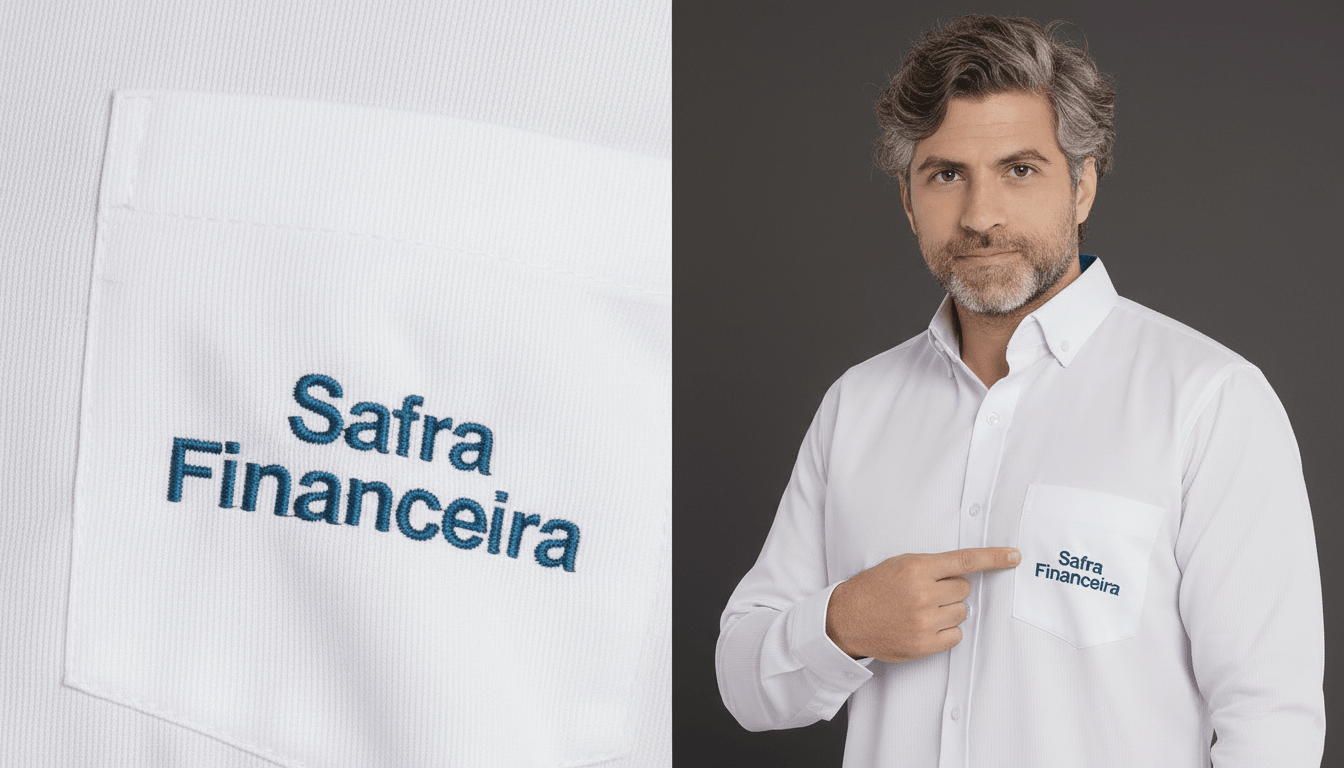 Imagem composta por dois enquadramentos da camisa social corporativa branca personalizada Safra Financeira. À esquerda, close-up do bolso frontal com bordado “Safra Financeira” em azul, aplicado sobre o tecido branco de textura fina com trama visível. À direita, modelo masculino vestindo camisa social branca de manga longa com bolso no peito esquerdo, apontando para o bordado Safra Financeira em azul. A peça possui colarinho estruturado, fechamento por botões brancos e modelagem profissional.