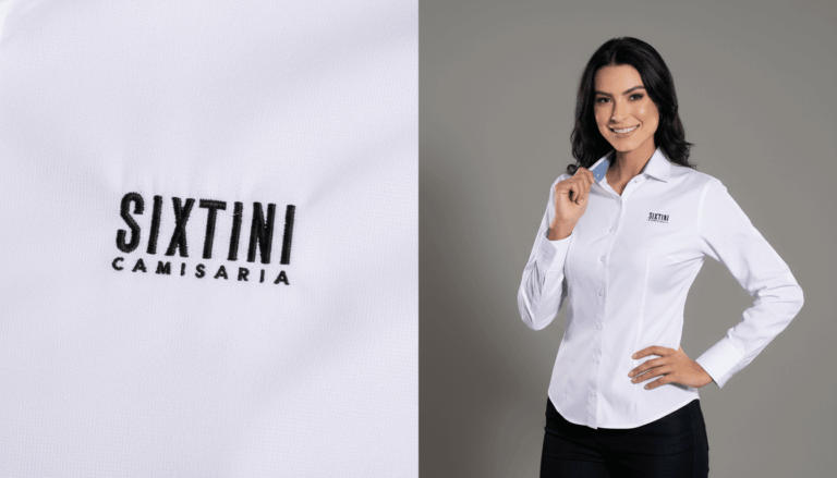 Imagem em close do bordado Sixtini Camisaria em linha preta aplicado sobre camisa branca, ao lado de modelo feminina vestindo camisa social branca com o logotipo bordado no peito.