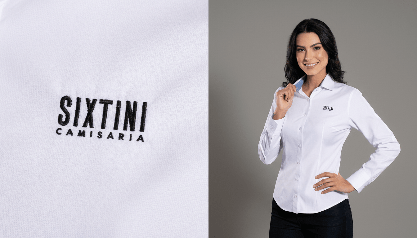 Imagem em close do bordado Sixtini Camisaria em linha preta aplicado sobre camisa branca, ao lado de modelo feminina vestindo camisa social branca com o logotipo bordado no peito.