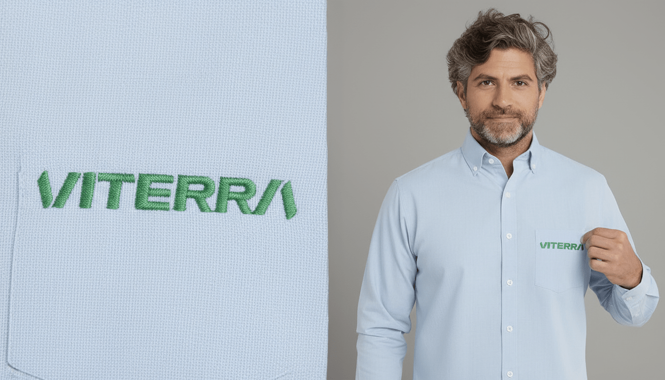 Imagem em close do bordado Viterra em linha verde aplicado sobre camisa azul-clara, ao lado de modelo masculino vestindo camisa social com o logotipo bordado no bolso.