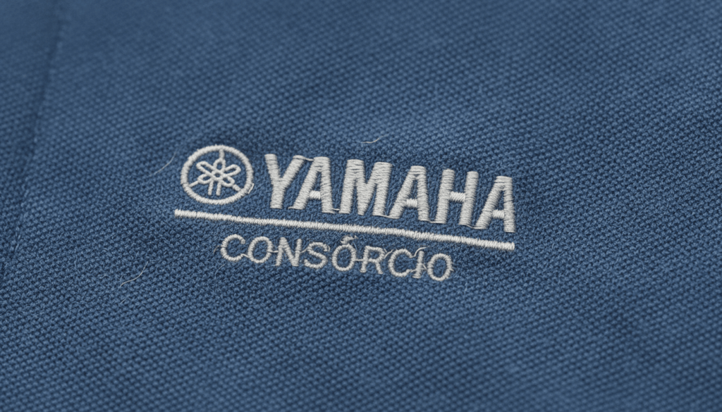 Imagem em close do bordado Yamaha Consórcio aplicado em tecido azul, com logotipo e tipografia em branco, evidenciando relevo e acabamento preciso sobre malha texturizada.