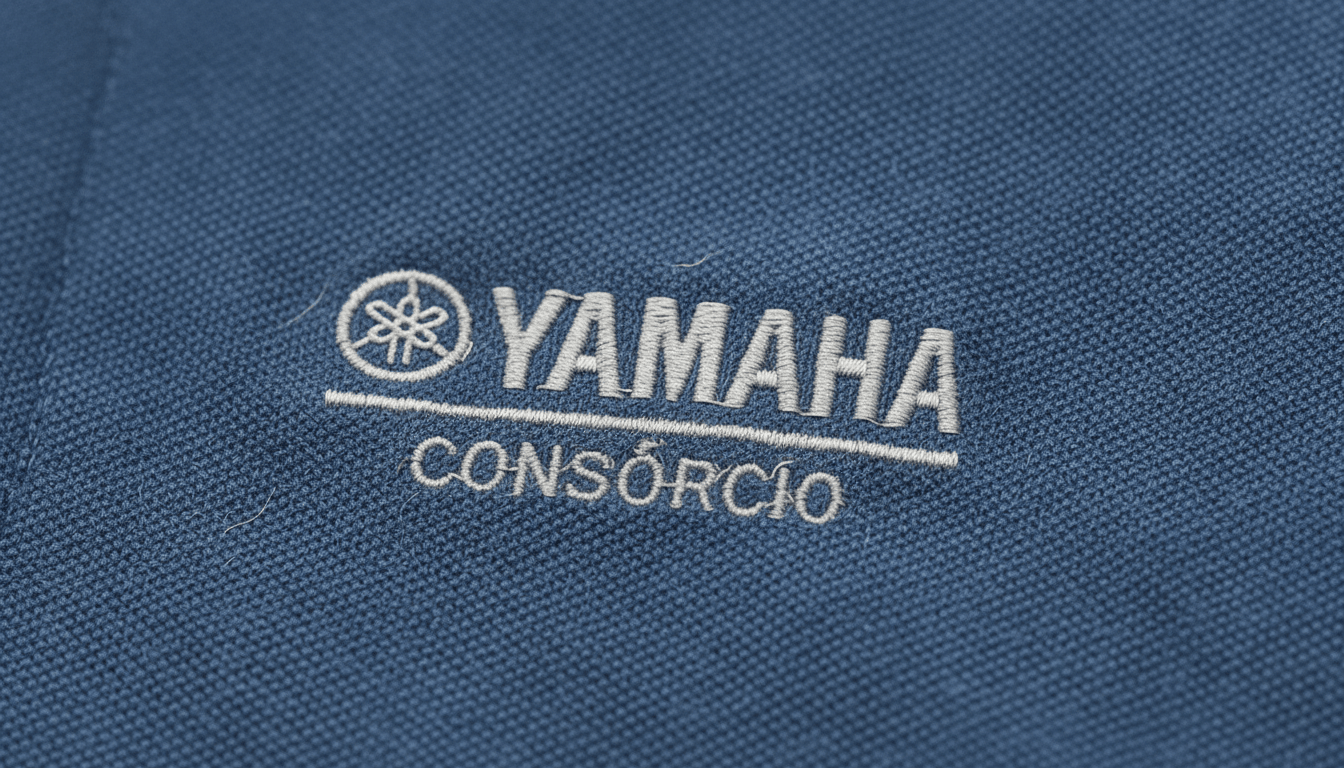 Imagem em close do bordado Yamaha Consórcio aplicado em tecido azul, com logotipo e tipografia em branco, evidenciando relevo e acabamento preciso sobre malha texturizada.