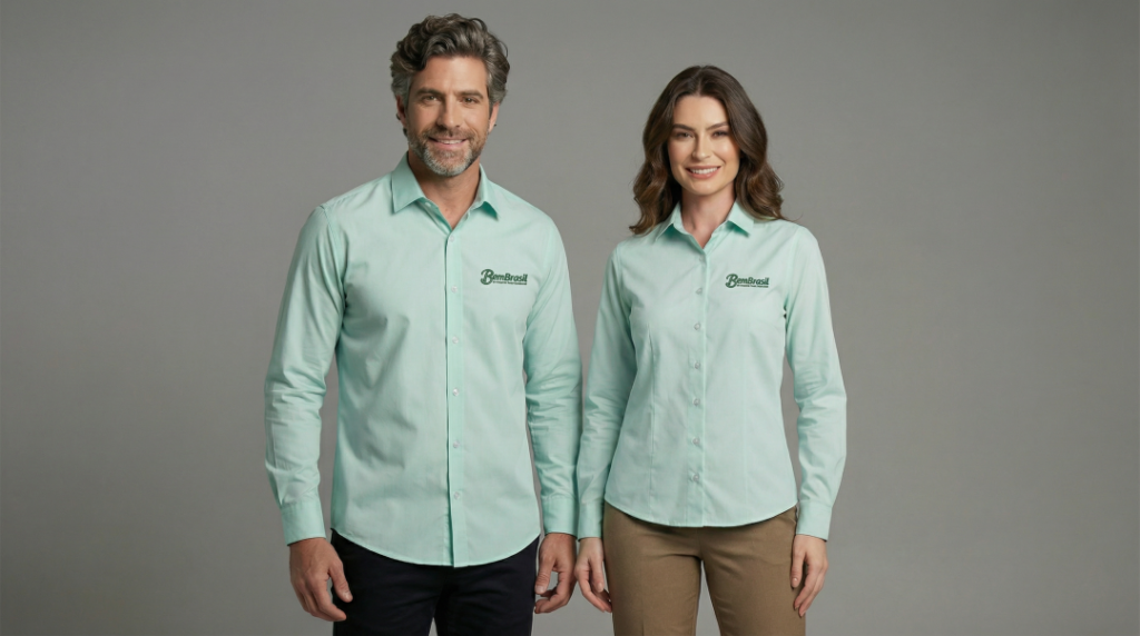 Dois modelos, um homem e uma mulher, vestindo camisas sociais verde-menta personalizadas com o logotipo bordado “Bem Brasil” no lado esquerdo do peito. A camisa masculina possui modelagem reta, mangas longas com punhos abotoados e fechamento frontal por botões. A camisa feminina apresenta modelagem acinturada, mangas longas e fechamento por botões frontais, valorizando o caimento corporativo. Ambas as peças estão bem passadas, com acabamento refinado e tecido de aspecto leve, em fundo neutro cinza claro.