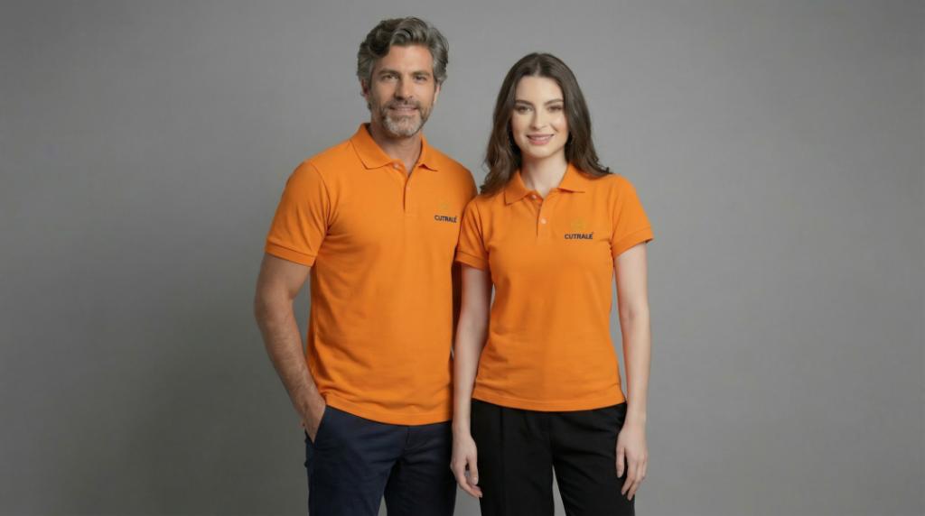 Dois modelos, um homem e uma mulher, vestindo polos laranja vibrante personalizadas com o logotipo bordado “Cutrale” no lado esquerdo do peito em azul-marinho. A polo masculina possui modelagem reta, gola polo estruturada com fechamento por botões e mangas curtas. A polo feminina apresenta modelagem acinturada, gola com botões e mangas curtas ajustadas, proporcionando caimento alinhado ao corpo. As peças têm tecido de aparência confortável e resistente, ideais para uso corporativo, posicionadas em fundo neutro cinza claro.