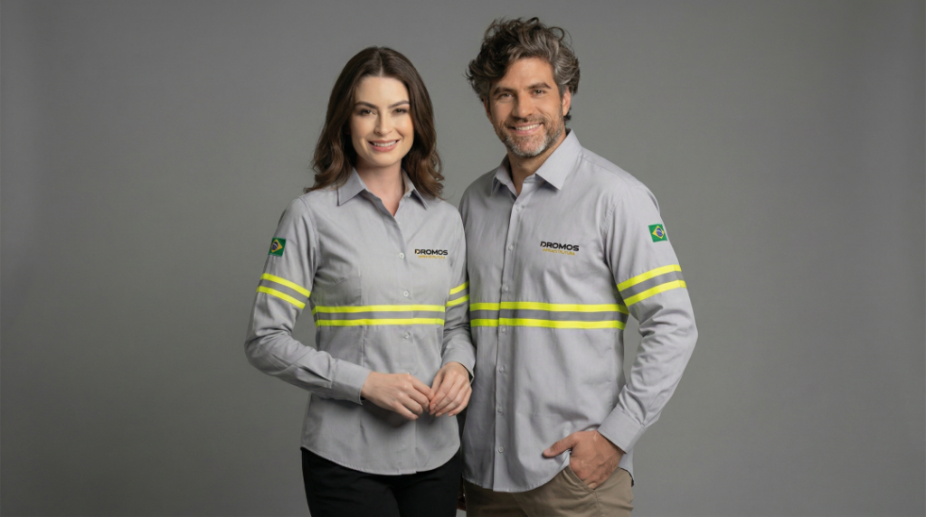 Dois modelos, um homem e uma mulher, vestindo camisas sociais cinza com logotipo bordado “DROMOS” no lado esquerdo do peito. As camisas possuem faixas refletivas horizontais em amarelo neon na altura do tórax e dos braços, além de patch da bandeira do Brasil aplicado na manga. A camisa masculina apresenta modelagem reta, mangas longas com punhos abotoados e fechamento frontal por botões. A camisa feminina possui modelagem levemente acinturada, mangas longas e fechamento por botões, mantendo alinhamento profissional. As peças têm aparência resistente, acabamento funcional e são apresentadas em fundo neutro cinza claro.