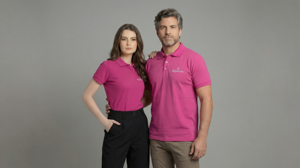 Dois modelos, uma mulher e um homem, vestindo polos rosa vibrante personalizadas com o logotipo bordado “Equalisa” no lado esquerdo do peito em branco. A polo feminina possui modelagem acinturada, mangas curtas ajustadas e gola polo com botões frontais. A polo masculina apresenta modelagem reta, mangas curtas e gola estruturada com fechamento por botões. As peças têm tecido de aparência confortável, caimento alinhado ao corpo e acabamento profissional, posicionadas em fundo neutro cinza claro.