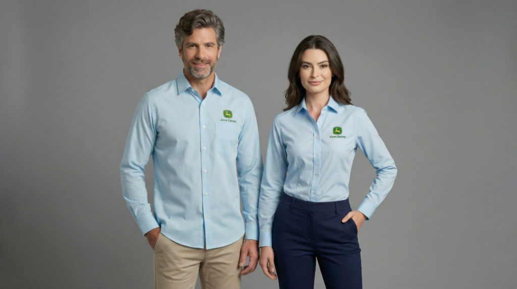 Dois modelos, um homem e uma mulher, vestindo camisas sociais azul-claro personalizadas com o logotipo bordado “John Deere” no lado esquerdo do peito, acompanhado do símbolo do cervo em verde e amarelo. A camisa masculina possui modelagem reta, mangas longas com punhos abotoados, bolso frontal e fechamento por botões claros. A camisa feminina apresenta modelagem levemente acinturada, mangas longas e fechamento frontal por botões, proporcionando caimento elegante e alinhado. As peças têm tecido liso, aparência sofisticada e acabamento profissional, posicionadas em fundo neutro cinza claro.