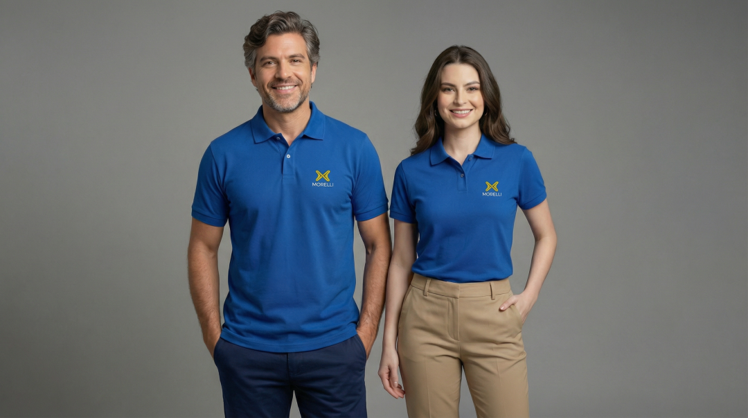 Dois modelos vestindo uniformes corporativos personalizados, exemplo de padronização visual de equipe