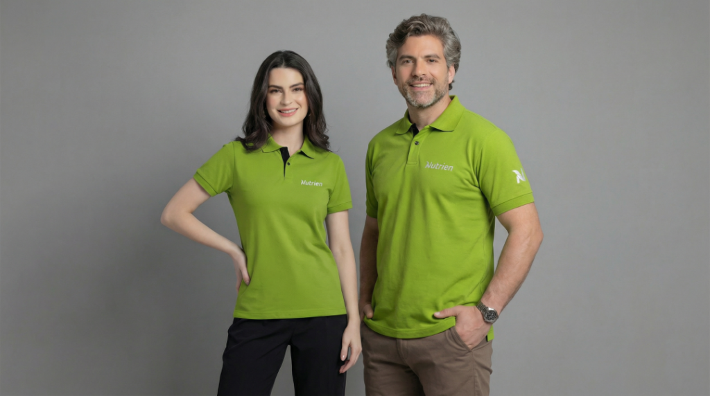 Dois modelos, uma mulher e um homem, vestindo polos verde vibrante personalizadas com o logotipo bordado “Nutrien” no lado esquerdo do peito em branco. A polo feminina possui modelagem levemente acinturada, mangas curtas ajustadas e gola polo com botões frontais em contraste escuro na parte interna. A polo masculina apresenta modelagem reta, mangas curtas e gola estruturada com fechamento por botões. Ambas as peças exibem também detalhe de logotipo aplicado na manga. O tecido tem aparência confortável e resistente, ideal para uso corporativo, em fundo neutro cinza claro.