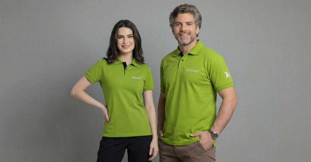 Dois modelos, uma mulher e um homem, vestindo polos verde vibrante personalizadas com o logotipo bordado “Nutrien” no lado esquerdo do peito em branco. A polo feminina possui modelagem levemente acinturada, mangas curtas ajustadas e gola polo com botões frontais em contraste escuro na parte interna. A polo masculina apresenta modelagem reta, mangas curtas e gola estruturada com fechamento por botões. Ambas as peças exibem também detalhe de logotipo aplicado na manga. O tecido tem aparência confortável e resistente, ideal para uso corporativo, em fundo neutro cinza claro.
