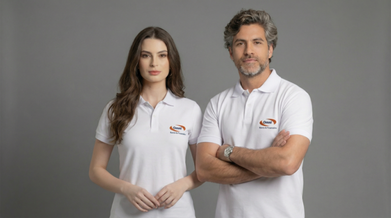 Dois modelos, uma mulher e um homem, vestindo polos brancas personalizadas com o logotipo bordado “Omni” no lado esquerdo do peito, acompanhado de símbolo gráfico em laranja e a inscrição “Banco & Financeira” abaixo do nome. A polo feminina possui modelagem levemente acinturada, mangas curtas ajustadas e gola polo com botões frontais. A polo masculina apresenta modelagem reta, mangas curtas e gola estruturada com fechamento por botões. As peças têm tecido de malha com aparência confortável e acabamento profissional, posicionadas em fundo neutro cinza claro.