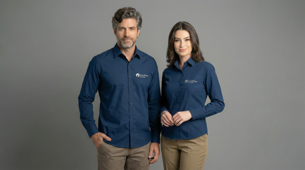 Dois modelos, um homem e uma mulher, vestindo camisas sociais azul-marinho personalizadas com o logotipo bordado “Ourofino” no lado esquerdo do peito em branco, acompanhado de símbolo gráfico curvo. A camisa masculina possui modelagem reta, mangas longas com punhos abotoados e fechamento frontal por botões. A camisa feminina apresenta modelagem levemente acinturada, mangas longas e fechamento por botões, proporcionando caimento elegante e alinhado ao corpo. As peças têm tecido liso, aparência sofisticada e acabamento profissional, posicionadas em fundo neutro cinza claro.
