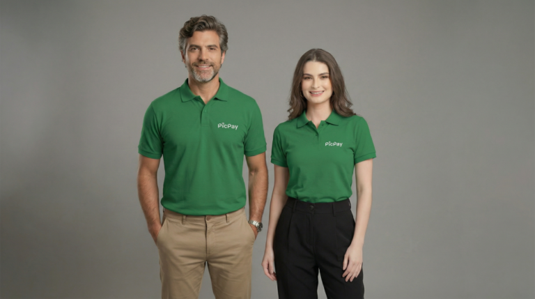 Dois modelos, um homem e uma mulher, vestindo polos verde personalizadas com o logotipo bordado “PicPay” no lado esquerdo do peito em branco. A polo masculina possui modelagem reta, mangas curtas e gola polo estruturada com fechamento por botões. A polo feminina apresenta modelagem levemente acinturada, mangas curtas ajustadas e gola com botões frontais, proporcionando caimento alinhado ao corpo. As peças têm tecido de malha com aparência confortável e acabamento profissional, posicionadas em fundo neutro cinza claro.
