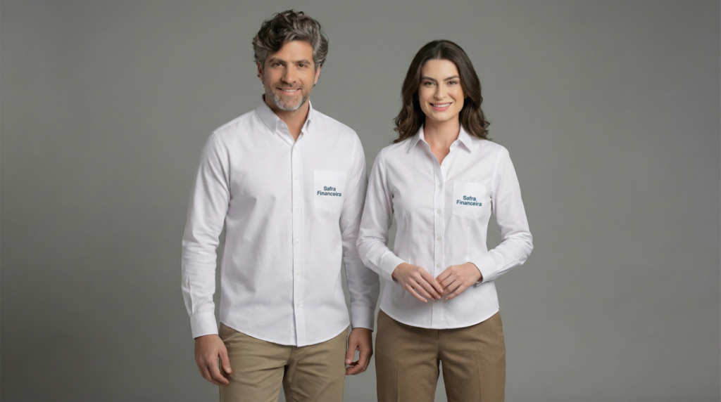 Dois modelos, um homem e uma mulher, vestindo camisas sociais brancas personalizadas com o logotipo bordado “Safra Financeira” no lado esquerdo do peito em azul. A camisa masculina possui modelagem reta, mangas longas com punhos abotoados, bolso frontal e fechamento por botões brancos. A camisa feminina apresenta modelagem levemente acinturada, mangas longas e fechamento frontal por botões, garantindo caimento elegante e alinhado ao corpo. As peças têm tecido liso, aparência sofisticada e acabamento profissional, posicionadas em fundo neutro cinza claro.