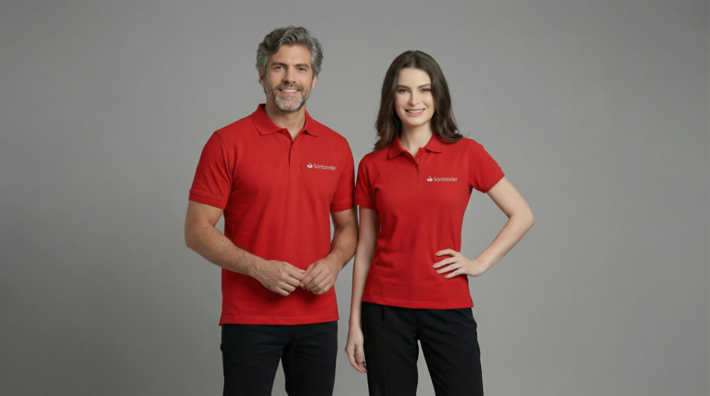 Dois modelos, um homem e uma mulher, vestindo polos vermelhas personalizadas com o logotipo bordado “Santander” no lado esquerdo do peito em branco, acompanhado do símbolo da chama característico da marca. A polo masculina possui modelagem reta, mangas curtas e gola polo estruturada com fechamento por botões. A polo feminina apresenta modelagem levemente acinturada, mangas curtas ajustadas e gola com botões frontais, garantindo caimento alinhado ao corpo. As peças têm tecido de malha com aparência confortável e acabamento profissional, posicionadas em fundo neutro cinza claro.