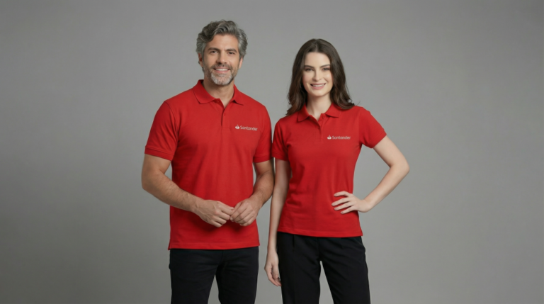 Dois modelos, um homem e uma mulher, vestindo polos vermelhas personalizadas com o logotipo bordado “Santander” no lado esquerdo do peito em branco, acompanhado do símbolo da chama característico da marca. A polo masculina possui modelagem reta, mangas curtas e gola polo estruturada com fechamento por botões. A polo feminina apresenta modelagem levemente acinturada, mangas curtas ajustadas e gola com botões frontais, garantindo caimento alinhado ao corpo. As peças têm tecido de malha com aparência confortável e acabamento profissional, posicionadas em fundo neutro cinza claro.