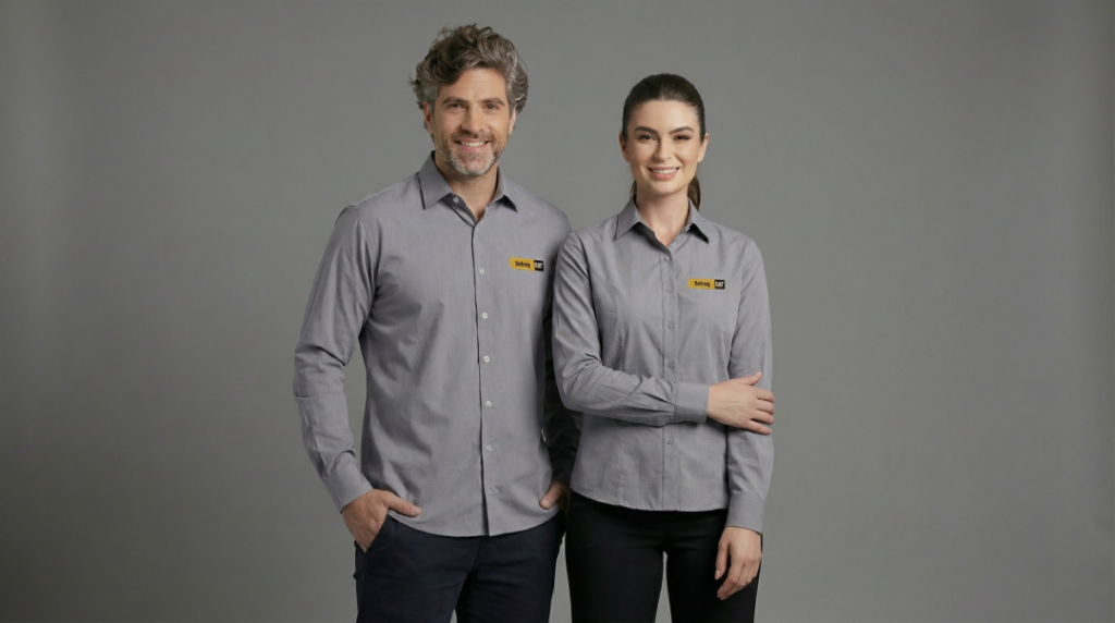 Dois modelos, um homem e uma mulher, vestindo camisas sociais cinza personalizadas com patch bordado “Sotreq CAT” no lado esquerdo do peito, em fundo amarelo com detalhes em preto. A camisa masculina possui modelagem reta, mangas longas com punhos abotoados e fechamento frontal por botões claros. A camisa feminina apresenta modelagem levemente acinturada, mangas longas e fechamento por botões, garantindo caimento alinhado e profissional. As peças têm tecido liso, aparência resistente e acabamento funcional, posicionadas em fundo neutro cinza claro.