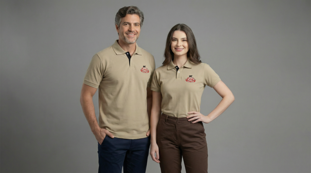 Dois modelos, um homem e uma mulher, vestindo polos bege personalizadas com o logotipo bordado “VPJ” em vermelho no lado esquerdo do peito, acompanhado de elemento gráfico decorativo. A polo masculina possui modelagem reta, mangas curtas e gola estruturada com detalhe interno escuro e fechamento por botões. A polo feminina apresenta modelagem levemente acinturada, mangas curtas ajustadas e gola com acabamento contrastante, proporcionando caimento alinhado e visual profissional. As peças têm tecido de malha confortável e acabamento refinado, posicionadas em fundo neutro cinza claro.